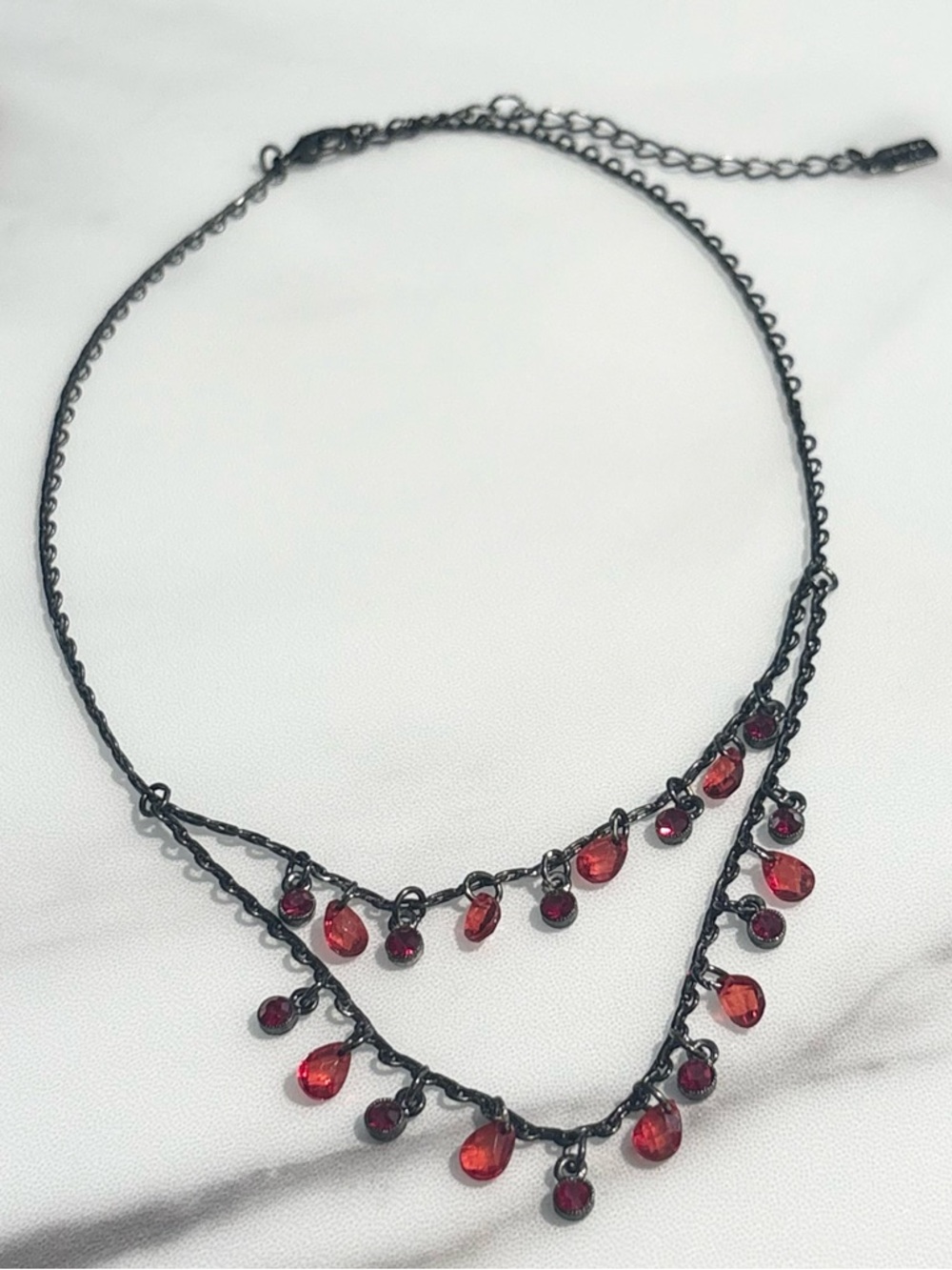 1928 Red Teardrop and Round Faceted Beaded Gunmetal Choker Cocktail Necklace